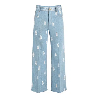 Giambattista Valli Denim Bleach Embroidered Pants In Blue