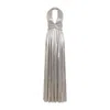 Giambattista Valli Laminated Gold Cotton Long Dress With Plunging Neckline In Grey