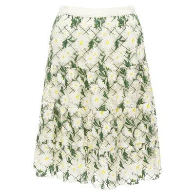 Giambattista Valli Embroidered Daisy Cotton Blend Midi Skirt In White