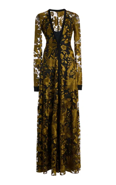 Giambattista Valli Embroidered Tulle Gown In Olive