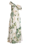 Giambattista Valli One-shoulder Twist-front Gathered Floral-print Silk-georgette Gown In Ivory/ Green