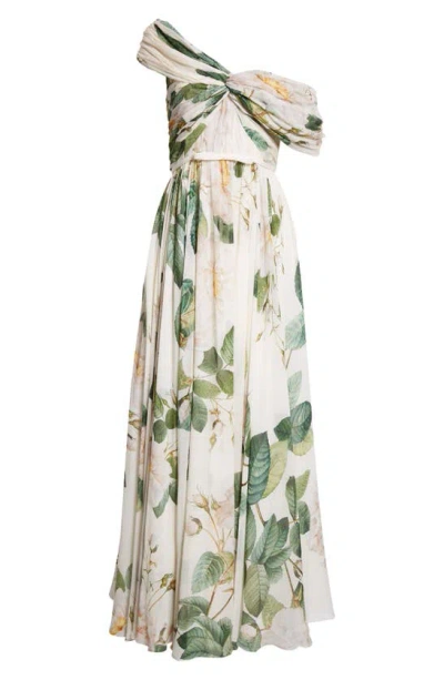 Giambattista Valli One-shoulder Twist-front Gathered Floral-print Silk-georgette Gown In Ivory/ Green
