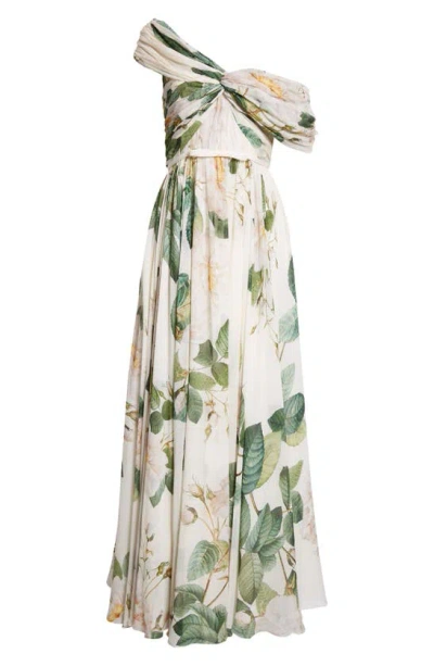 GIAMBATTISTA VALLI FLORAL DRAPED ONE-SHOULDER SILK GOWN