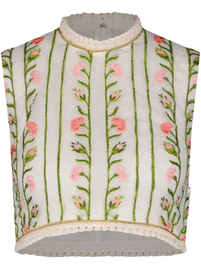 Giambattista Valli Striped Floral Embroidered Mesh Sleeveless Crop Top In White/multi