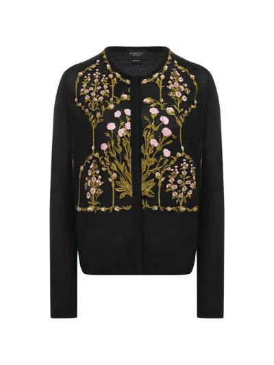 Giambattista Valli Floral Embroidery Round Neck Cardigan In Black