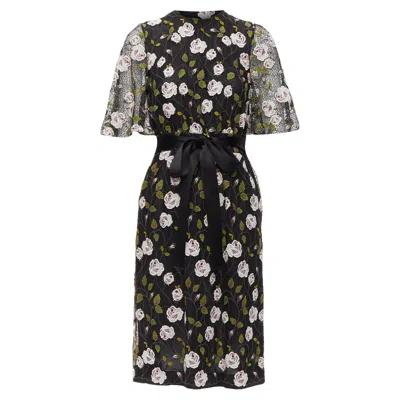 Giambattista Valli Floral Lace Cape Back Belt Tie Dress In Black