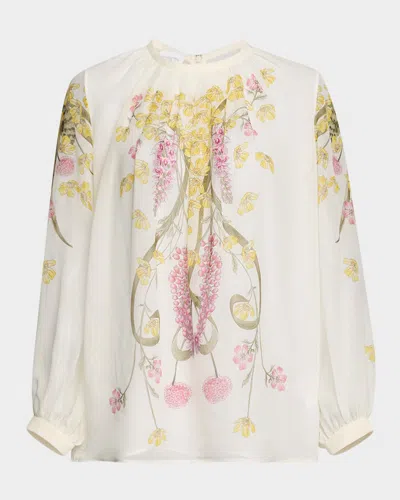 Giambattista Valli Floral-print Long-sleeve Chiffon Blouse In Ivorymulti