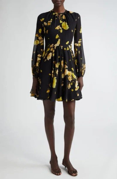 Giambattista Valli Floral Print Silk Blouson Sleeve Dress In Black/yellow
