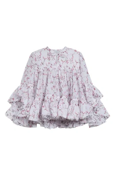 Giambattista Valli Floral Print Ruffle Cotton Lawn Top In White/red