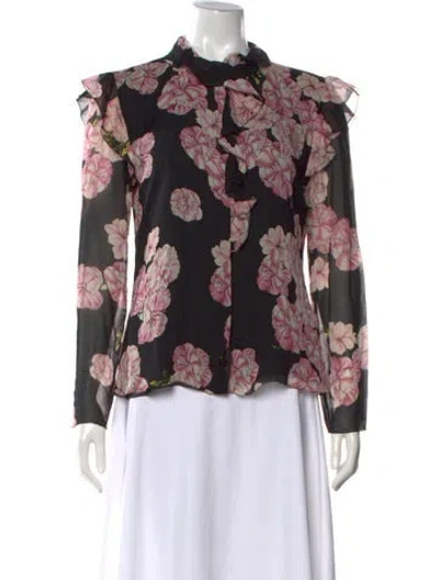 Pre-owned Giambattista Valli Floral Print Tie Neck Blouse In Black