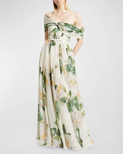 Giambattista Valli Floral-print Twisted Off-the-shoulder Gown In Ivory/green