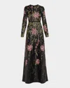 Giambattista Valli Floral Sequined Long-sleeve A-line Gown In Black