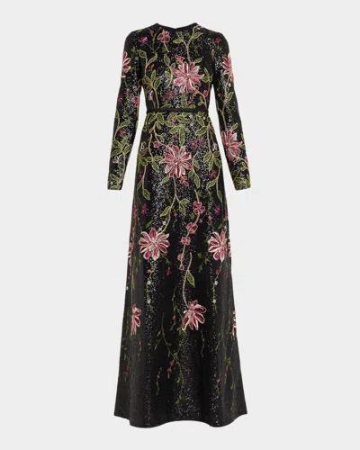 GIAMBATTISTA VALLI FLORAL SEQUINED LONG-SLEEVE A-LINE GOWN