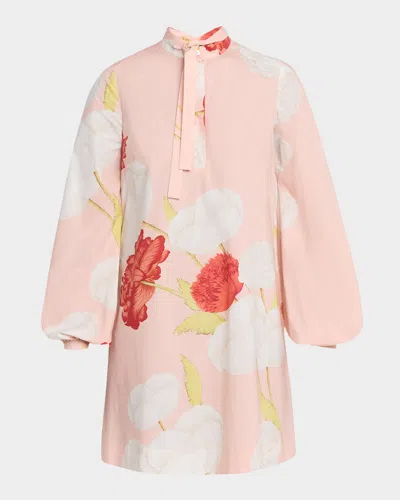 Giambattista Valli Floral-print Cotton Balloon-sleeve Mini Shirtdress In Pink