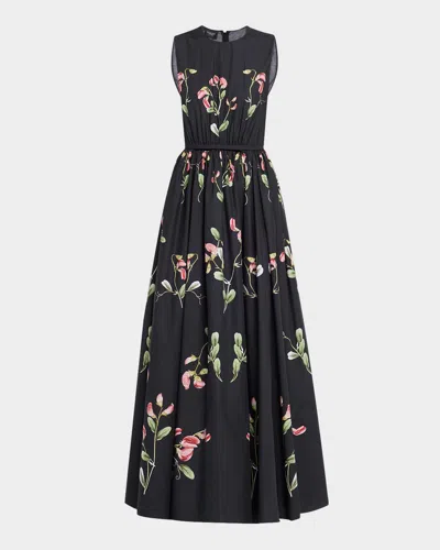 Giambattista Valli Flower-print Bow Sleeveless Midi Dress In Black