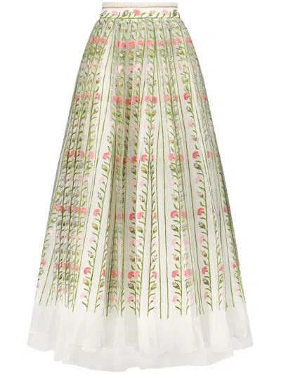 Giambattista Valli Floral Embroidered Chain-trim Mesh Maxi Skirt In White/multi