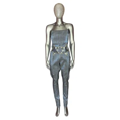 Pre-owned Giambattista Valli Giamba Spring 2016 Runway Look 5 Metallic Striped Jumpsuit With Star Appliques In Gray