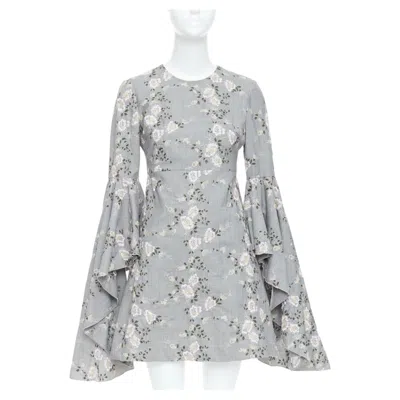 Pre-owned Giambattista Valli Grey Wool Floral Embroidery Cascade Bell Sleeve Dress It38 In Gray