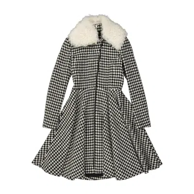 GIAMBATTISTA VALLI HOUNDSTOOTH FLARED COAT WITH DETACHABLE FUR COLLAR