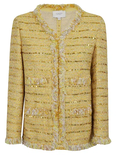 Giambattista Valli Fringed Collarless Paillette Tweed Jacket In Yellow