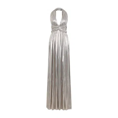 Giambattista Valli Laminated Gold Cotton Long Dress With Plunging Neckline