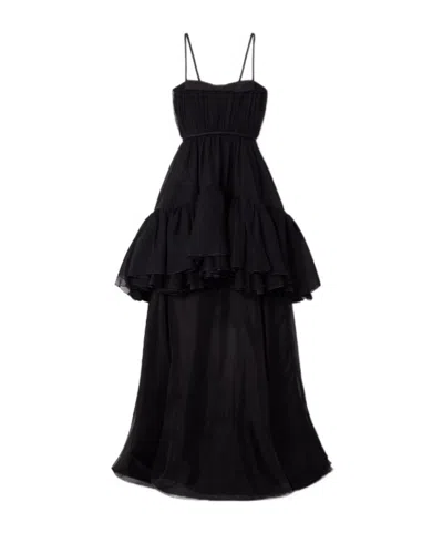 Giambattista Valli Layered Satin-trimmed Ruffled Silk-chiffon Gown In Black