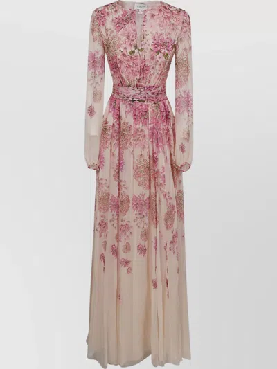 Giambattista Valli Long Sleeve Floral Pattern Dress With Belted Waist In Pink