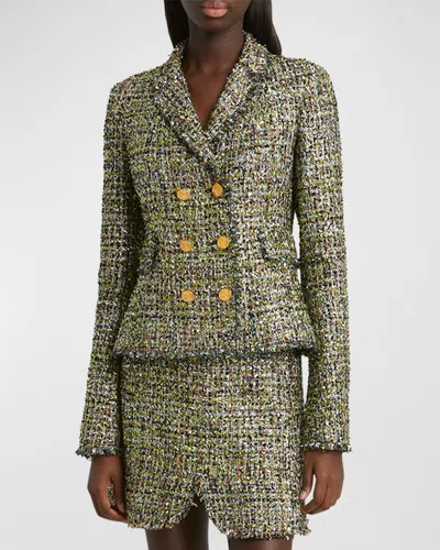 Giambattista Valli Metallic Eyelash Tweed Double-breasted Jacket In Black/green