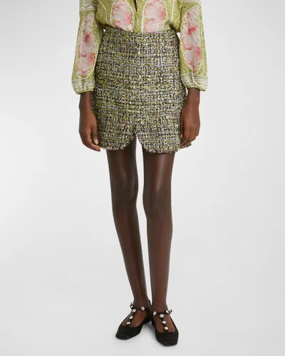 Giambattista Valli Metallic Eyelash Tweed Mini Skirt In Black/green