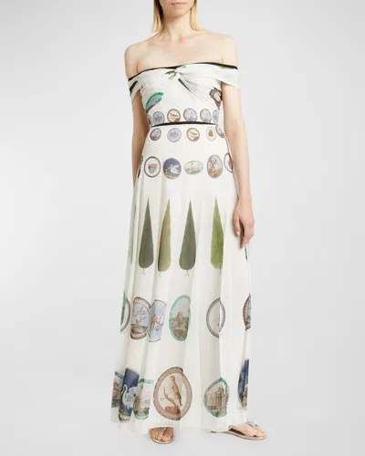 Giambattista Valli Mosaic-print Twisted Off-the-shoulder Pleated Maxi Dress In Ivory/multi