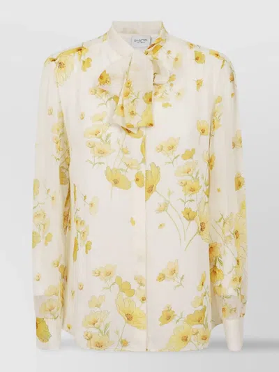 Giambattista Valli Necktie Collar Floral Print Long Sleeves In White
