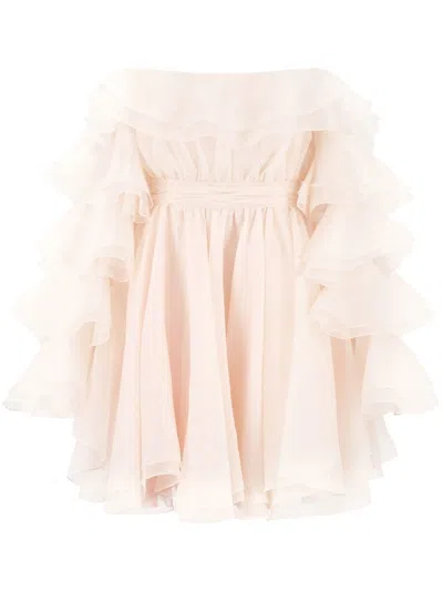 Giambattista Valli Off-shoulder Ruffled Minidress In Neutrals