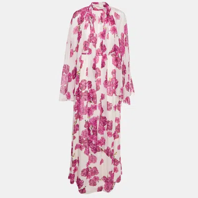 Pre-owned Giambattista Valli Pink Rose Peony Print Silk Chiffon Midi Dress L