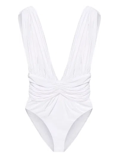 Giambattista Valli Plunge-neck Ruched Swimsuit In White
