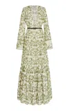 Giambattista Valli Plunged Cotton Voile Caftan Maxi Dress In Ivory/green