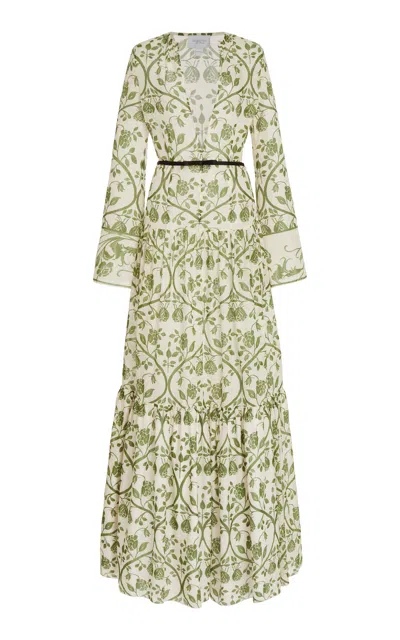 Giambattista Valli Plunged Cotton Voile Caftan Maxi Dress In Ivory/green