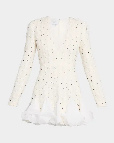 Giambattista Valli Polka-dot Boucle Long-sleeve Godet Mini Dress In Neutral