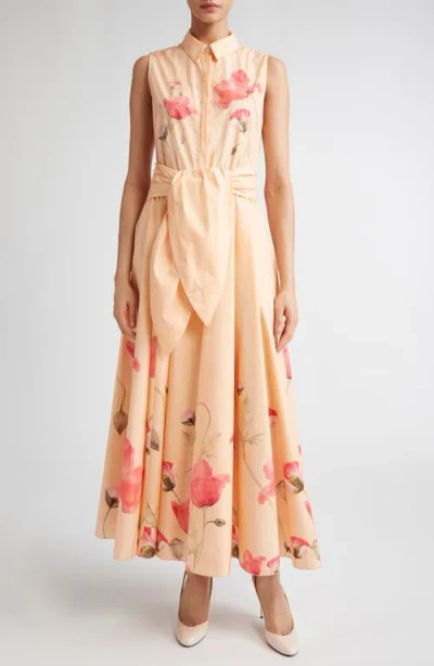 Giambattista Valli Poppy Print Tie Waist Cotton Poplin Sleeveless Shirtdress