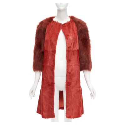 Pre-owned Giambattista Valli Red Genuine Fur Patchwork Contrast Raglan Sleeve Long Coat