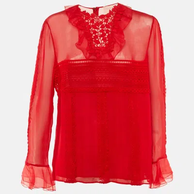 Pre-owned Giambattista Valli Red Silk Lace Detail Sheer Blouse Xl