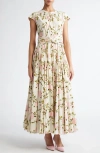 Giambattista Valli Rose Print Gathered Waist Midi Dress
