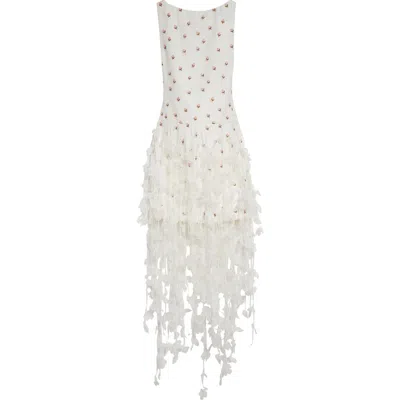 Giambattista Valli Rosebud Embroidered Fringe Hem Dress In White