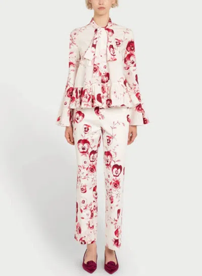 Giambattista Valli Ruby Pansies Poplin Long Sleeve Top In Ivory Multi