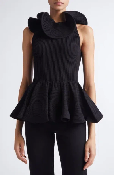 Giambattista Valli Ruffle Collar Sleeveless Peplum Sweater In Black