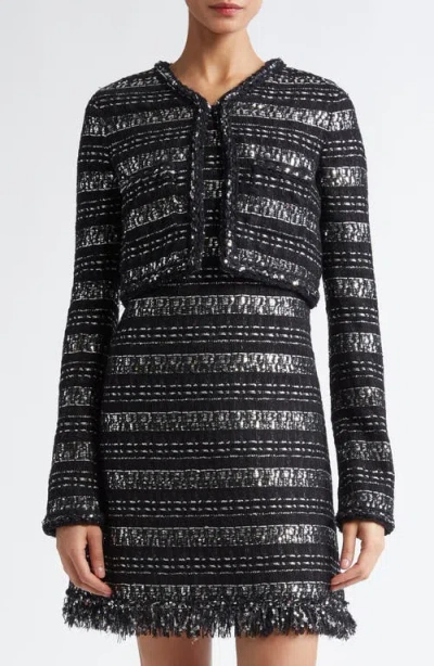 Giambattista Valli Sequin & Metallic Tweed Crop Jacket In Black/silver