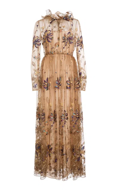 Giambattista Valli Sheer Embroidered Tulle Maxi Dress In Gold