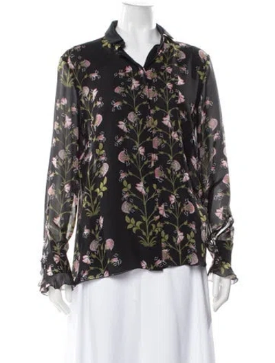 Pre-owned Giambattista Valli Silk Floral Print Blouse In Black
