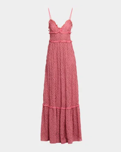 Giambattista Valli Sleeveless Crocket Knit Empire Ruffle Maxi Dress In Pink