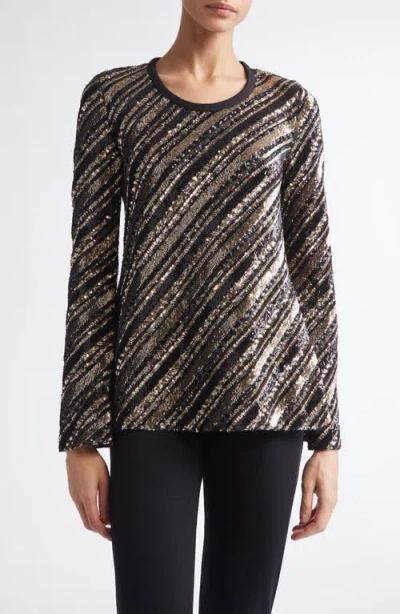 Giambattista Valli Stripe Sequin Long Sleeve Top In Black