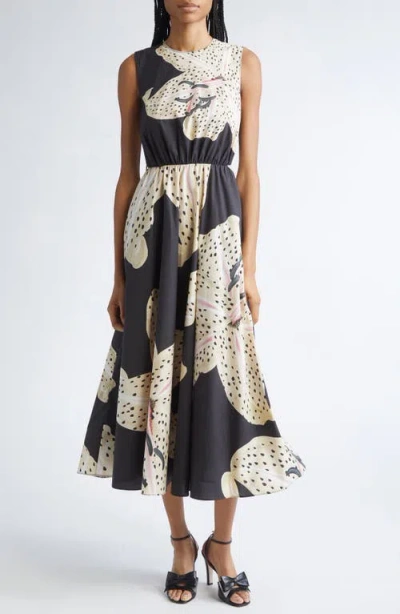 Giambattista Valli Flower-print Popeline Sleeveless Midi Dress In Black